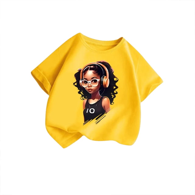 MEZZALL T-Shirt Graphique Mignon pour Fille, Col Rond, Manches Courtes, Tee d'Été Décontracté, T-Shirts Hauts, Jaune, 9-10 Ans