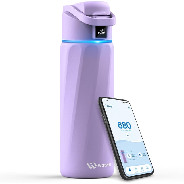 WaterH Boost 32 oz Bouteille d'Eau Intelligente en Acier Inoxydable Violette avec Isolation à Double Paroi, Suivi d'Hydratation Bluetooth, Lumière de Rappel LED et Téléphone Intelligent Jumelé Affichant la Consommation d'Eau Quotidienne dans l'App WaterH pour une Hydratation Personnalisée.