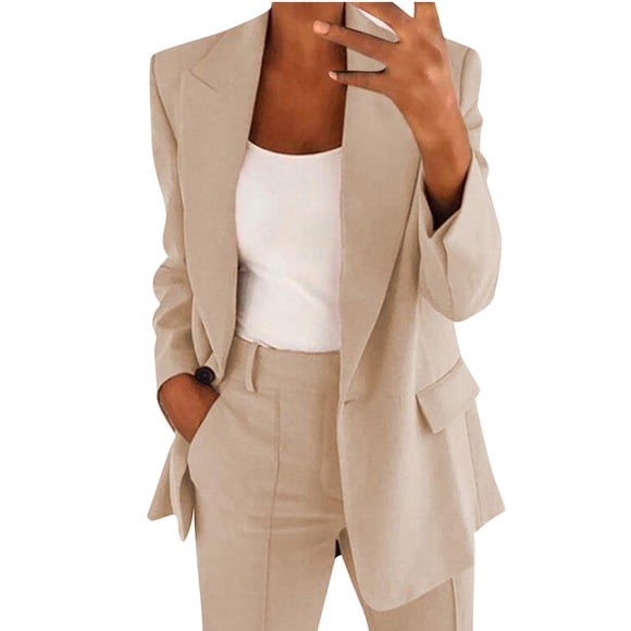 PEZHADA Fall Savings Women's Ruched Long Sleeve Open Front Blazer Jacket Casual Business Work Office Blazers with Pockets Beige