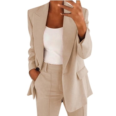 PEZHADA Économies d'Automne Blazer pour Femme Froncé à Manches Longues Ouvert à l'Avant Veste Décontractée Affaires Travail Bureau Blazers avec Poches Beige
