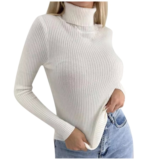 Dagegui Chandails à Col Roulé pour Femmes en Tricot Côtelé à Manches Longues, Chandail Extensible Coupe Ajustée, Hauts d'Automne, Blanc, G