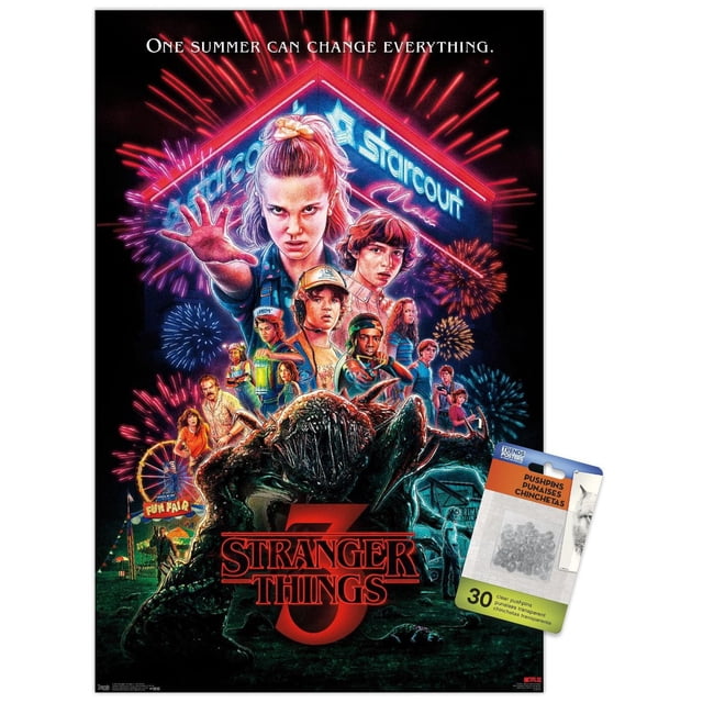 Netflix Stranger Things : Saison 3 - Affiche Murale d'Une Feuille, 22,375 Po x 34 Po, Représentant le Panneau Central Néon Starcourt avec des Feux d'Artifice, des Personnages Principaux de style Années 1980, un Grand Monstre au Premier Plan et une Foire Amusante avec une Grande Roue en Arrière-Plan, Imprimée sur Papier Lustré avec des Punaises Transparentes Incluses pour une Suspension Facile et Sans Dommages, Convient à la Déco de la Maison Ou aux Événements à Thème.