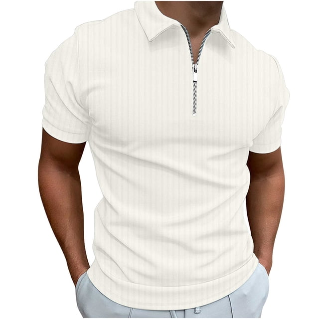 T-shirts Blancs pour Hommes Hommes Décontracté Uni Col Rabattu Chandail à Rayures Haute Élasticité Manches Courtes Blouse Extensible Chemises d'Enseignant,White,S