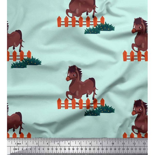 Soimoi Poly Georgette Fabric Horse Kids Printed Fabric 1 Yard 42 Inch Wide
