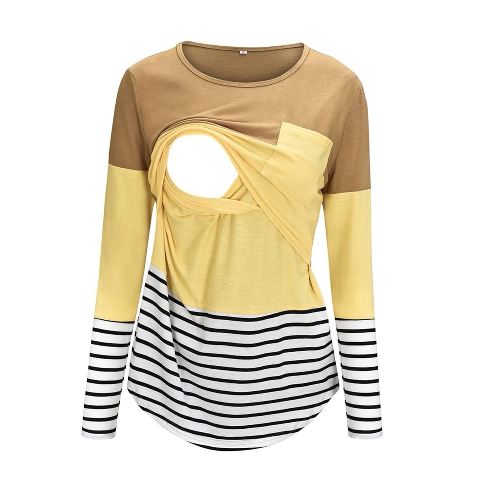 Heliisoer Maternity Round Neck Stripe Patchwork Long Pregnant Woman Nursing Blouse