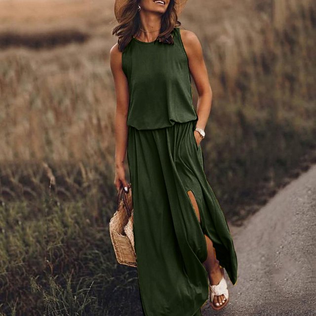 MesaSe Femmes Casual Robe Robe d'Été pour les Femmes Cou Sans Manches Maxi Robes de Fourche de Couleur Unie Ouverture Robe Femmes Vêtements L AG