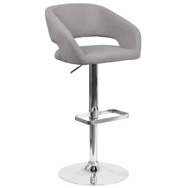 Tabouret de bar contemporain en tissu gris à hauteur réglable avec dossier rond à mi-hauteur et base en chrome