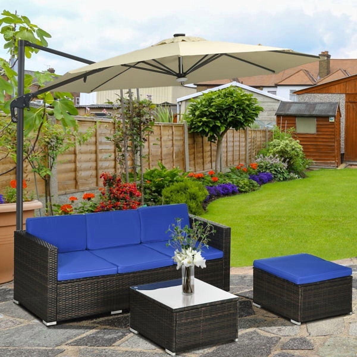 3Pieces Patio Furniture Sets, Wicker Outdoor Sectional Furniture with Glass Table and Cushions, Rattan Patio Conversation Sets for Garden, Poolside, Backyard