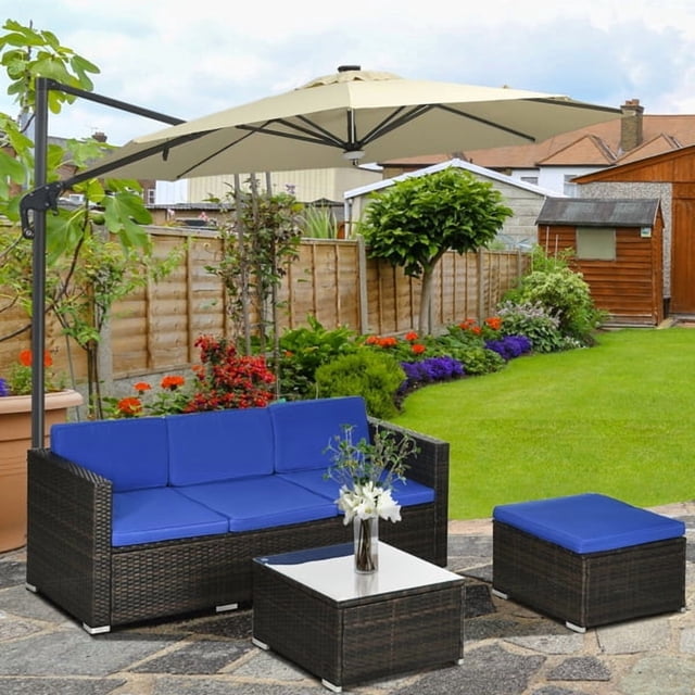 3Pieces Patio Furniture Sets, Wicker Outdoor Sectional Furniture with Glass Table and Cushions, Rattan Patio Conversation Sets for Garden, Poolside, Backyard