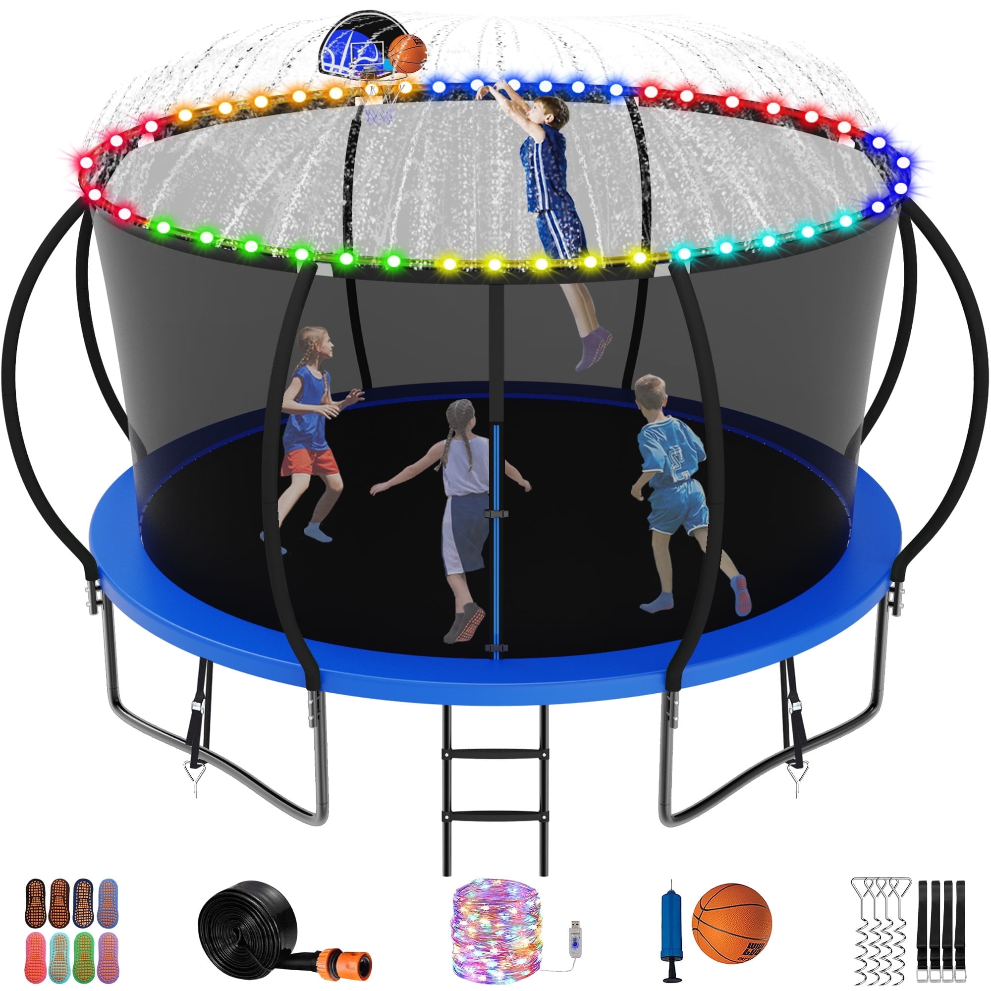 Jump Into Fun Trampoline 14FT, 1400LBS Trampoline for Kids and Adults with Enclosure, Basketball Hoop, Wind Stakes, LED light, Sprinkler and Socks, Outdoor Galvanized Full Spray Round Trampoline
