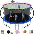 thumbnail image 1 of Jump Into Fun Trampoline 14FT, 1400LBS Trampoline for Kids and Adults with Enclosure, Basketball Hoop, Wind Stakes, LED light, Sprinkler and Socks, Outdoor Galvanized Full Spray Round Trampoline, 1 of 7
