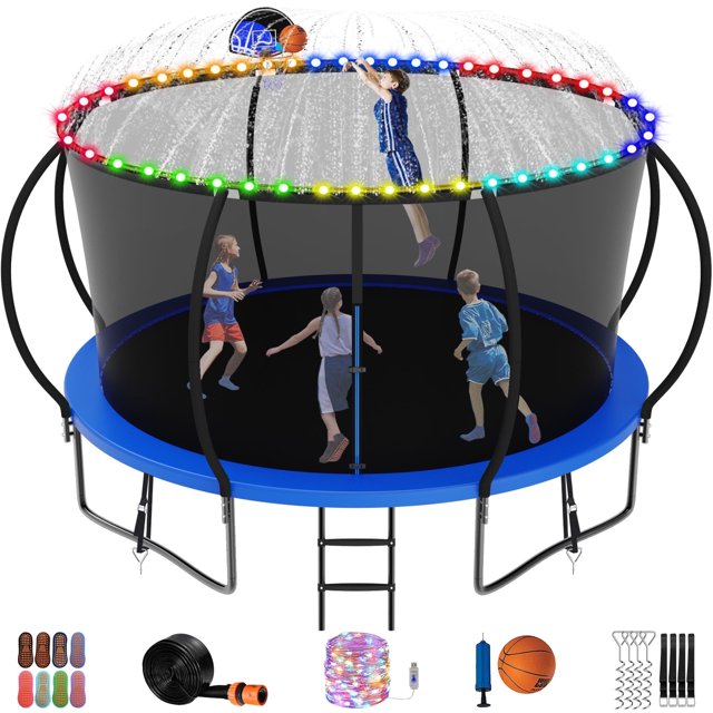 Jump Into Fun Trampoline 14FT, 1400LBS Trampoline for Kids and Adults with Enclosure, Basketball Hoop, Wind Stakes, LED light, Sprinkler and Socks, Outdoor Galvanized Full Spray Round Trampoline