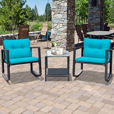 Gymax 3PCS Rattan Rocking Chair Table Set Patio Furniture Set w/ Blue Cushions