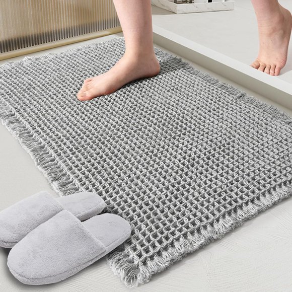 Tapis de Bain Gaufré Gris ZALL, Tapis de Salle de Bain Super Absorbant Antidérapant, Gris 18x30 Pouces, Tapis de Sol Ultra Doux Lavable en Machine