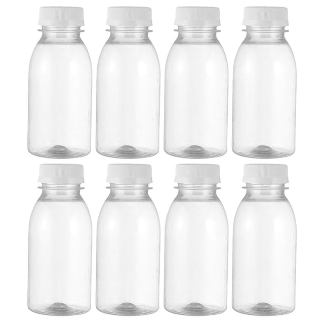 8pcs Empty Water Bottles Household Beverage Bottles Reusable Juice Containers with Lids. The set includes eight transparent PET bottles, each with a 100ml capacity and white screw-on lids. These bottles are suitable for storing milk, juice, and other beverages. Measuring 12.00x4.00x4.00cm, they are compact, portable, and ideal for travel, school, or workplace use.