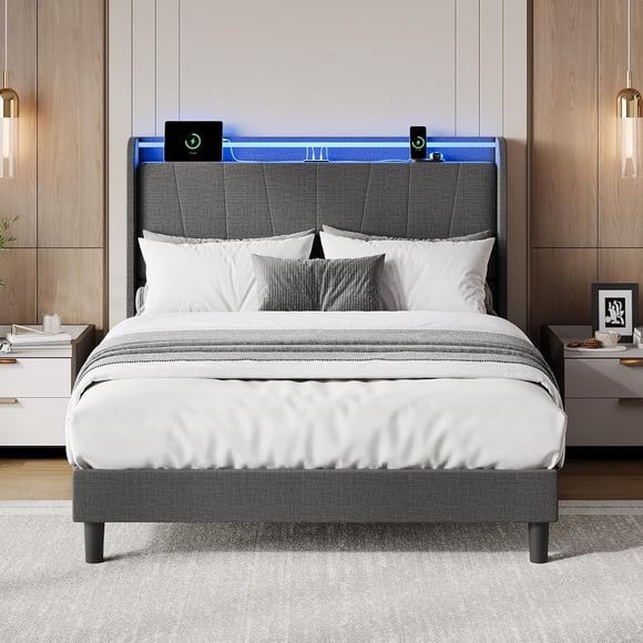 Queen Size Bed Frame with Charging Station and LED Lights, Modern Platform Bed with Wooden Slats, Upholstered Headboard, No Box Spring Needed, Easy Assembly, Grey