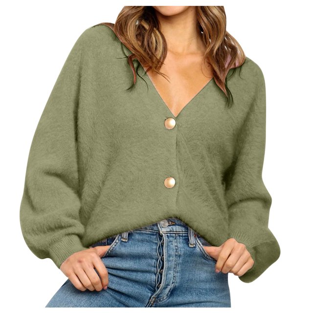 Chandail Mode Femme Col en V Couleur Unie Bouton Chandail Ample