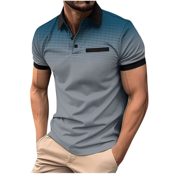 lcziwo Gradient Polo Shirts for Men with Pocket 2024 Fashion Summer Casual Short Sleeve Golf T Shirts Dot Print Lapel Button Shirt Big and Tall Gray XL