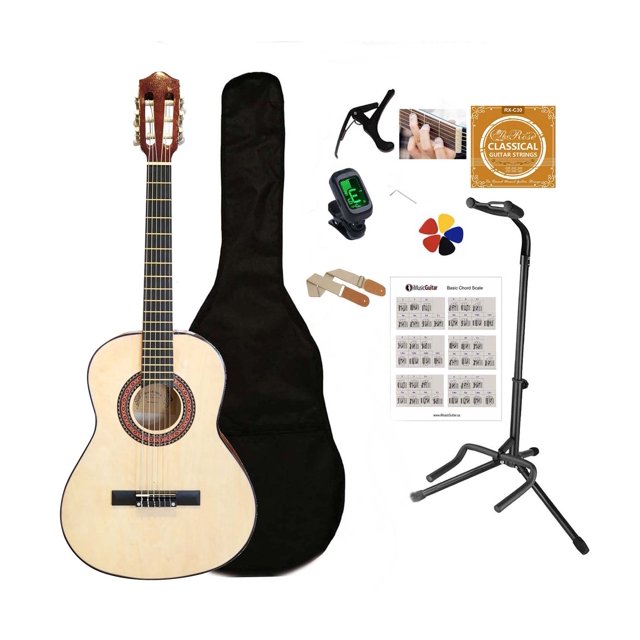 36" 3/4 Size Classical Guitar for Kids & Beginners – Natural Acoustic Guitar, Nylon Strings, Starter Kit with Bag, Picks, Chord Chart, Stand, Tuner, Capo, String set, Strap
