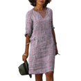 thumbnail image 2 of Zmoon Women's Cotton Linen Small V-Neck Retro Three-Quarter Sleeve Dress, 2 of 5