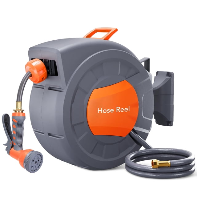 AKDSteel Wall Mounted Water Hose Reel – Automatic Rewind, 180° Swivel Bracket, Any Length Lock, Includes 9-Function Sprayer Nozzle for Outdoor Use