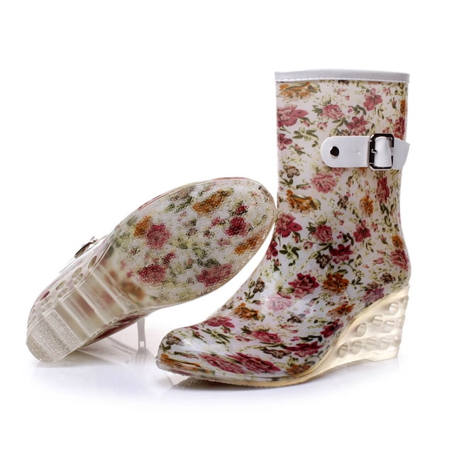 LSLJS Buckle Side Zipper High-Heeled Transparent Mid-Tube Wedge Heel Women Rain, Women's Rain Boots