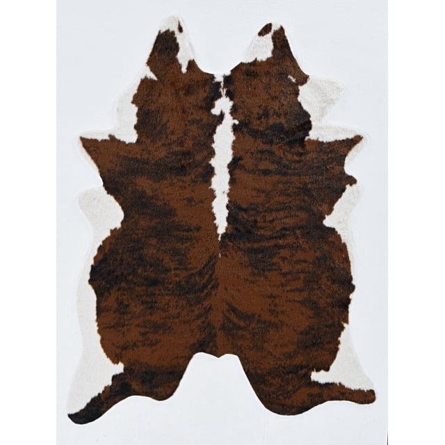 Faux Cowhide Rug, Ex Brindle with a symmetrical cowhide shape featuring a brown brindle pattern with dark streaks and an ivory cream border on short polyester fibers with faux suede backing, ideal for modern and farmhouse decor.