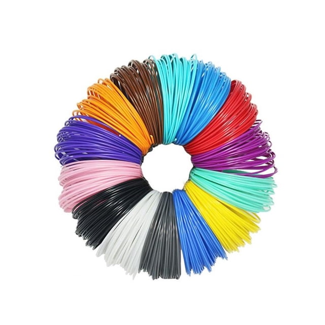 10 Meters 3D Pen Filament Refills 1.75mm ABS Filament with random colors arranged in a circular pattern. Features vibrant shades such as blue, yellow, pink, and black. Made from PLA material with low shrinkage rate, vacuum-sealed with desiccant, and compatible with 1.75mm standard 3D printers. Ideal for 3D printing projects with a working temperature of 190-230°C.