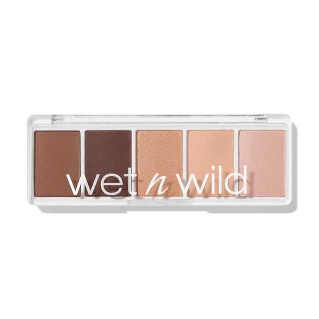 COLOR ICON 5 PAN EYE & FACE PALETTE - Gold Whip with a clear rectangular case holding five eyeshadow pans in warm neutral shades including matte brown, dark brown, metallic gold, matte beige, and light pink shimmer, branded with wet n wild logo on the lid, suitable for versatile eye and face makeup looks.