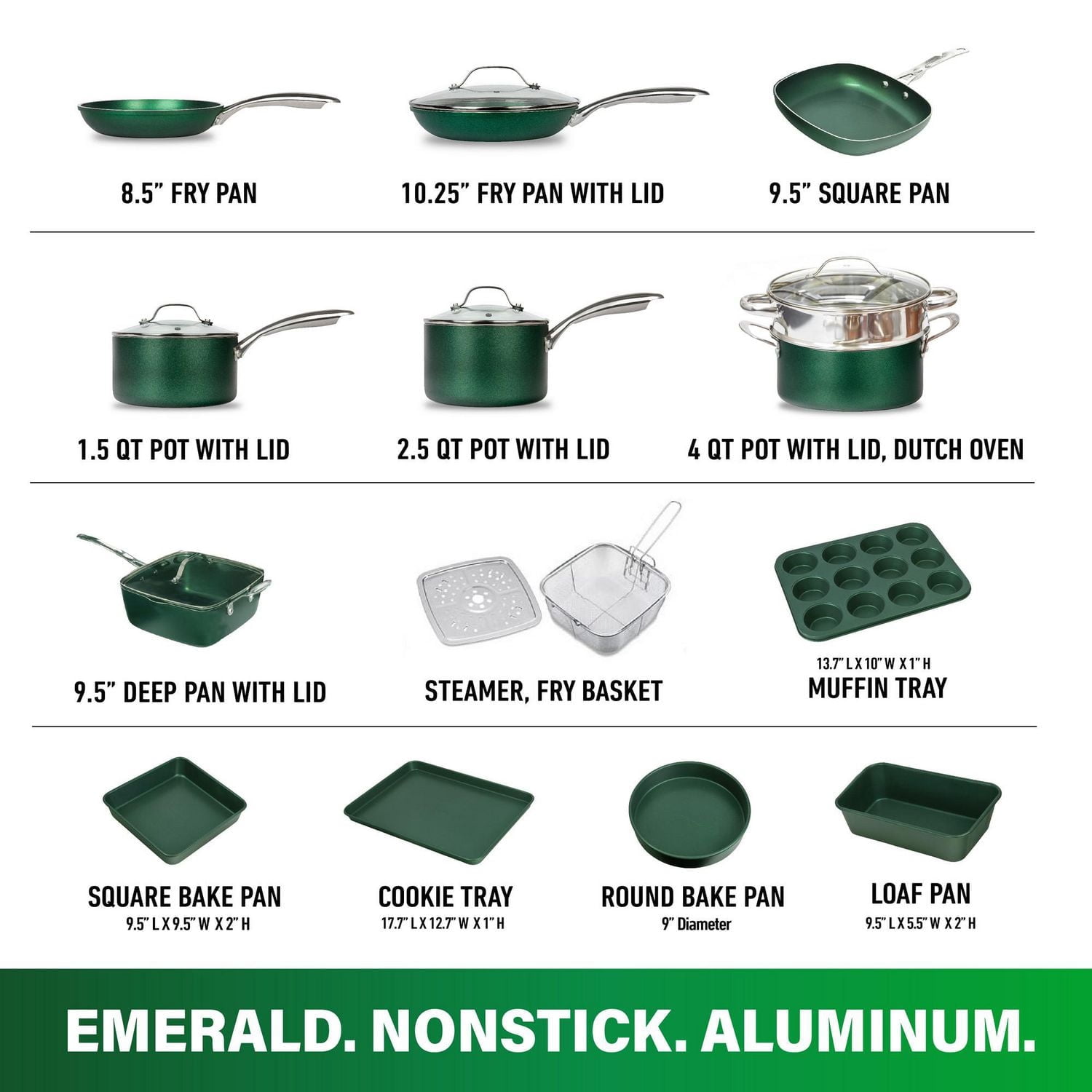 Ensemble de 20 morceaux Granitestone Diamond en aluminium émeraude antiadhésif – Batterie et moules de cuisine