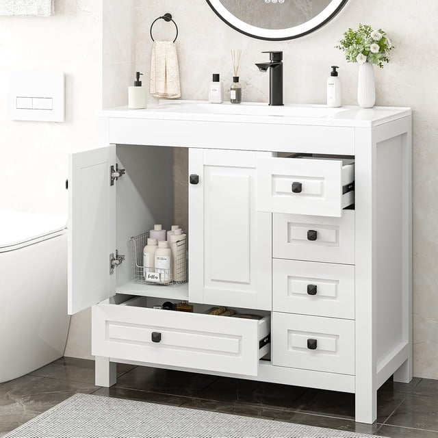 GAZHOME Meuble-Lavabo de Salle de Bain avec Lavabo, Armoire de Rangement Moderne de 36 Pouces Comprenant un Lavabo Lisse Encastré avec un Trou de Robinet Pré-Percé. la Meuble-Lavabo Blanche Comprend des Portes Doubles à Fermeture en Douceur et Plusieurs Tiroirs pour un Rangement Spacieux, Idéale pour Organiser les Essentiels de la Salle de Bain. Fabriquée avec un Cadre en Bois Massif et un MDF pour la Durabilité, Elle Présente un design à Bord Arrondi pour Prévenir les collisions. Présentée dans un Cadre de Salle de Bain Lumineux avec des Articles Décoratifs sur le Comptoir.