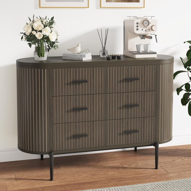 Commode Cannelée à 6 Tiroirs 47,2 Po Style Mi-Siècle Moderne avec Dessus en Faux Marbre et Poignées Dorées pour Chambre, Noyer