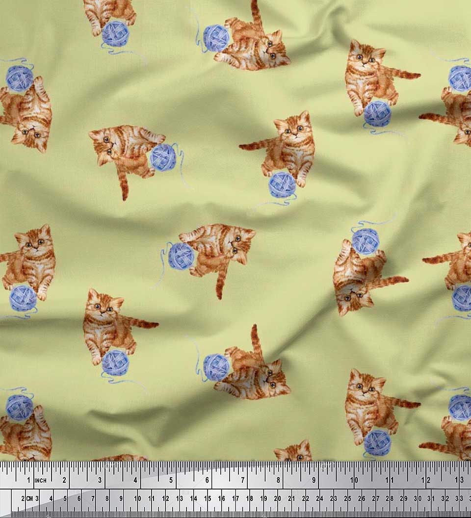 Soimoi Crepe Silk Fabric Wool & Cat Animal Printed Fabric 1 Yard 42 Inch Wide