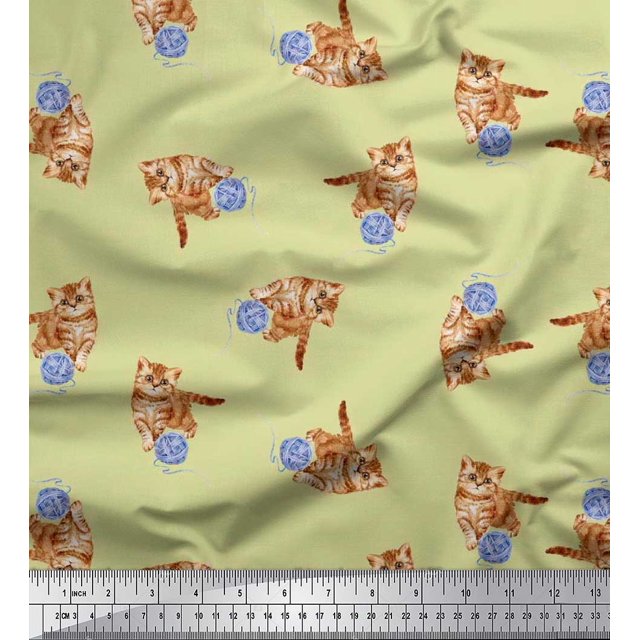 Soimoi polyester Crepe Fabric Wool & Cat Animal Printed Fabric 1 Yard 52 Inch Wide