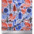 thumbnail image 1 of Soimoi Blue Poly Georgette Fabric Tree & Fox Folk Art Printed Fabric 1 Yard 42 Inch Wide, 1 of 5