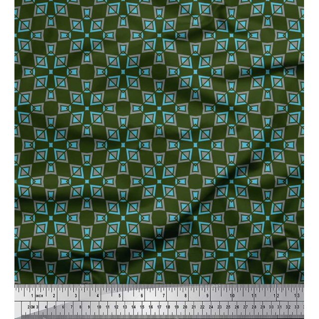 Soimoi Green Crepe Silk Fabric Square & Triangle Geometric Print Fabric by the Yard 42 Inch Wide