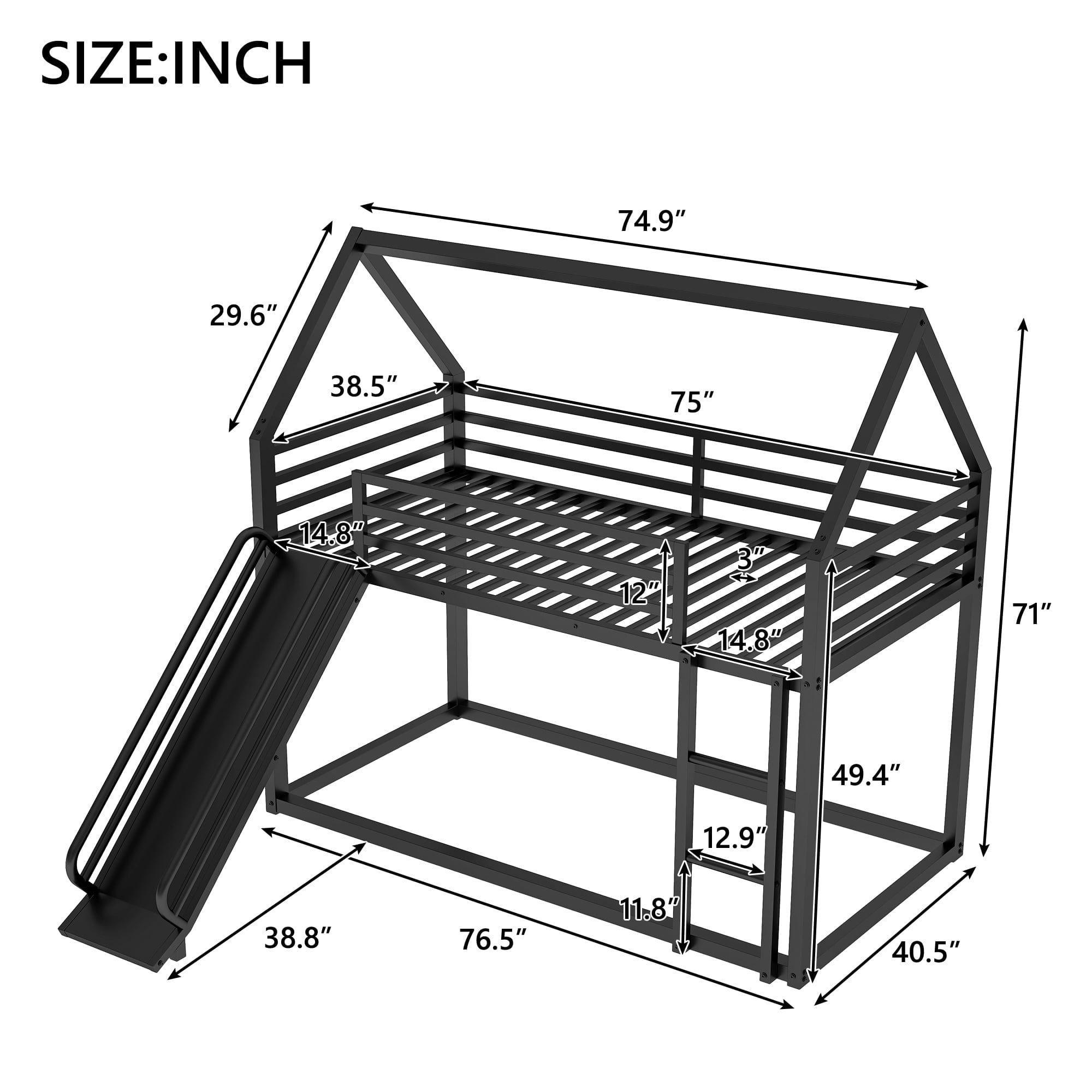 Noble House Twin over Twin House Bunk Bed with Ladder and Slide,Black