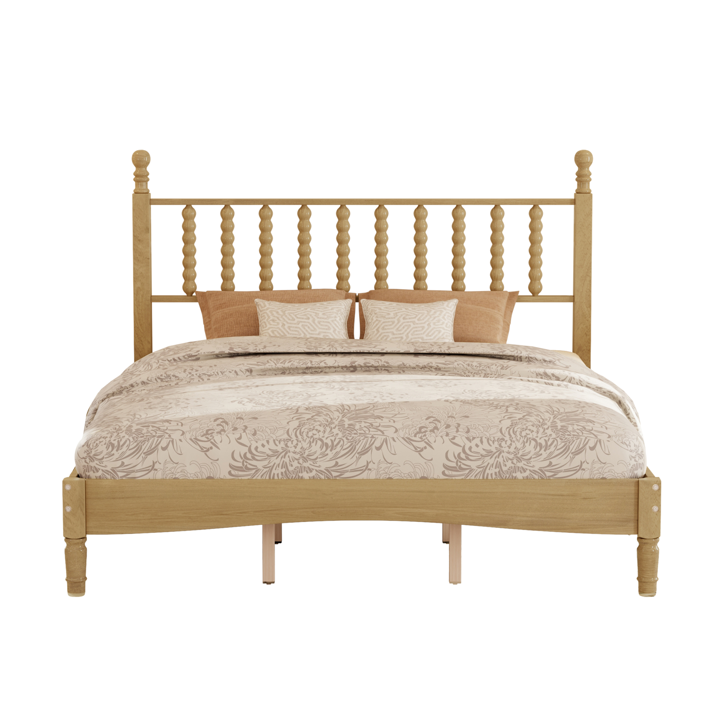 Homy Casa Queen Wood Platform Bed with Gourd-Shaped Headboard, Natural Finish, 10 Slats, No Box Spring