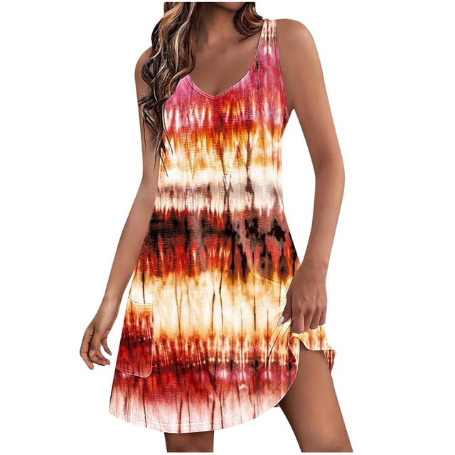 Penkiiy Robes d'Été pour Femmes Évasées Boho à Imprimé Floral Robes de Plage Sans Manches Robe de Plage avec Poches G Rouge