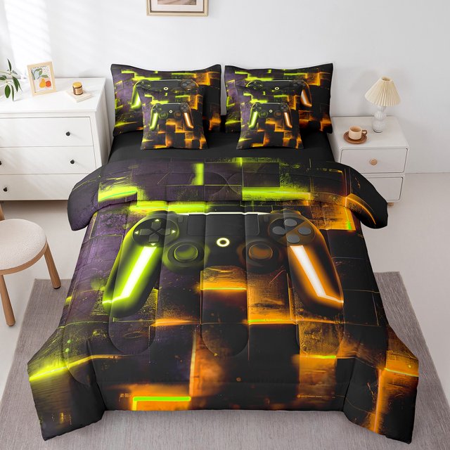 YST Gamer Gaming Bedding Set, 7-Piece, Geometric Neon Checkered, Twin Size