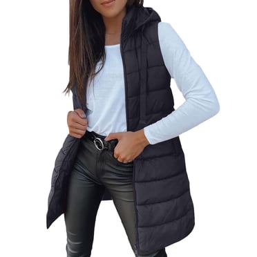 ManxiVoo Quilted Sleeveless Puffer Vest for Women Hooded Winter Coat Warm Zip Up Outerwear Mid Length Design M Size Black