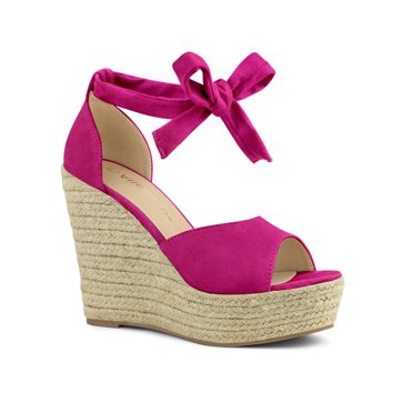 BLISSFUL STEP Chaussures pour Femmes Espadrilles à Talon Compensé à Lacets Sandales à Bride à la Cheville Rose Vif 8,5