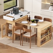HMSHA Extendable Dining Table with Folding Tabletop,Bar Table with Drawers and Power Outlet,Kitchen Island with Wheels and Hooks,Sideboard for Kitchen and Dining Room(Natural+Creamy White)