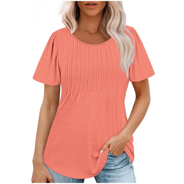 AherBiu Tuniques pour Femmes Manches Courtes Décontractées Couleur Unie Confortables Été Col Rond Blouse TShirts