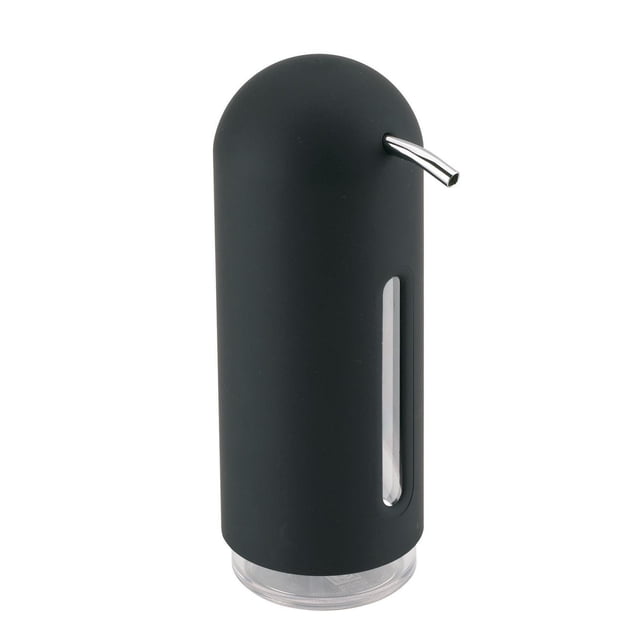 Penguin Soap Pump Black by Umbra, a black soap dispenser with a soft-touch finish and rounded top, featuring a curved metal spout and vertical clear window to monitor soap levels. It holds 15 ounces and is ideal for bathroom or kitchen countertops.