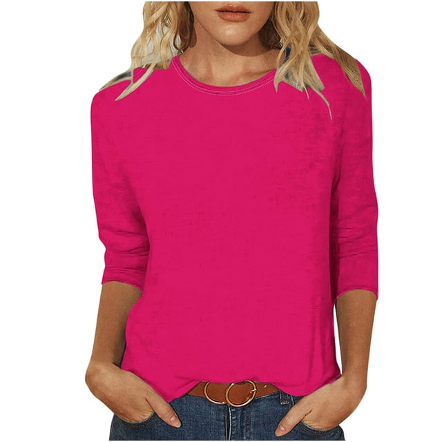 Timegard Hauts pour Femmes Été Col Rond Manches 3/4 Confortable Couleur Unie T-Shirts Basiques Décontractés Amples Hauts Blouses