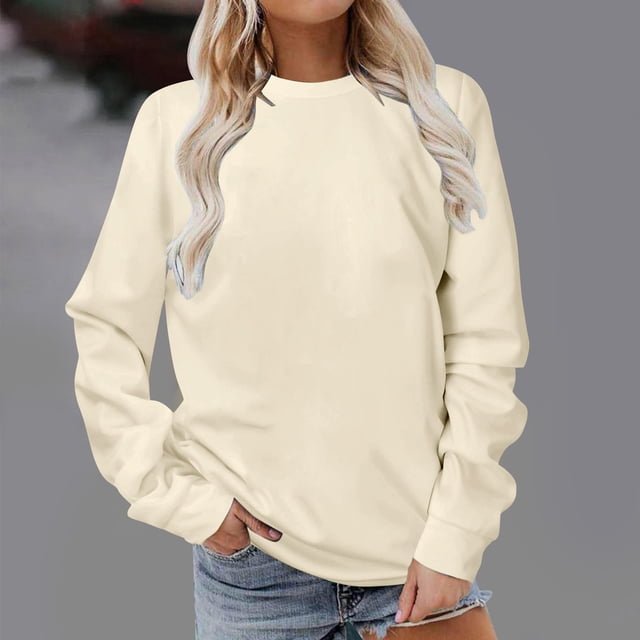 Yievot Chemise Décontractée à Manches Longues pour Femmes, Couleur Crème Unie, avec Encolure Ronde et Encolure Ras du Cou, Chandail à Enfiler. Le Chandail Léger en polyester Coupe Décontractée avec Poignets et Ourlet Côtelés, Style avec Short en denim Usé. Convient au Port Quotidien, au Printemps, à l'Automne et à l'Hiver.