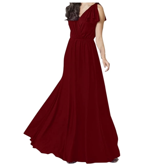 UPPADA Womens 2025 Robes de Soirée Formelles Robe Maxi Cocktail Fête Col en V Sans Manches Invitée de Mariage Longue Robe Élégante Plissée Robes Amples Bordeaux,TG