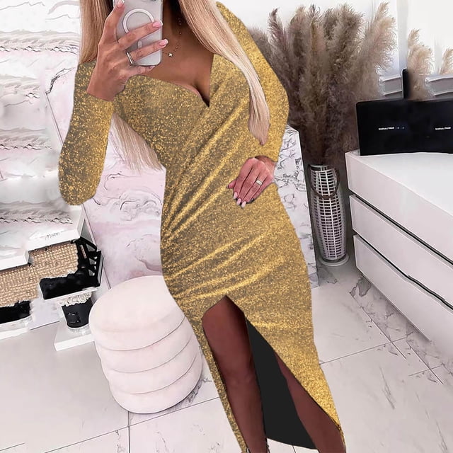 UPPADA Robe de Cocktail pour Femmes à Manches Longues Robe d'Invitée de Mariage Fente Latérale Jolie Robe Formelle Évasée Taille Haute Robe de Fête Robe de Bal Robe de Cocktail Liquidation en Liquidation