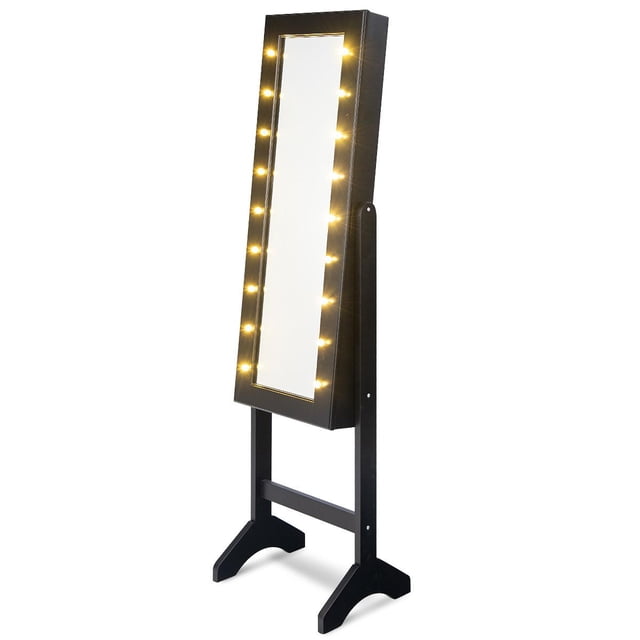 Giantex Armoire à Bijoux Boîte Organisateur d'Armoire avec 18 DEL, sur Pied pour Maison Chambre 16 Porte-Rouge à Lèvres 1 Miroir de Maquillage Intérieur Lumières Complètes, Grand Rangement Armoires Miroir Armoires à Bijoux (Noir)